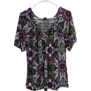 Ashley Judd Paisley Blouse Womens Size M Purple Green Boho Short Sleeve Scoop